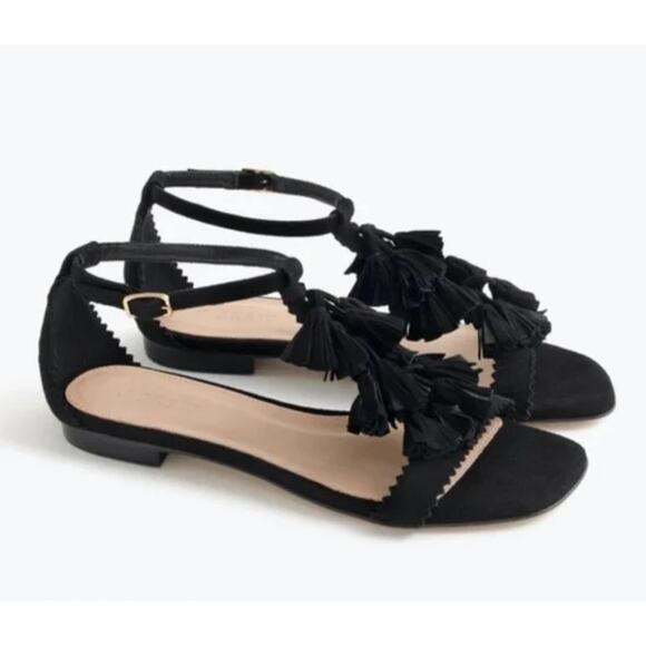 J. Crew Women's 7.5 Black Suede Tassel Sandal Flat T Strap Square Toe - Picture 1 of 9